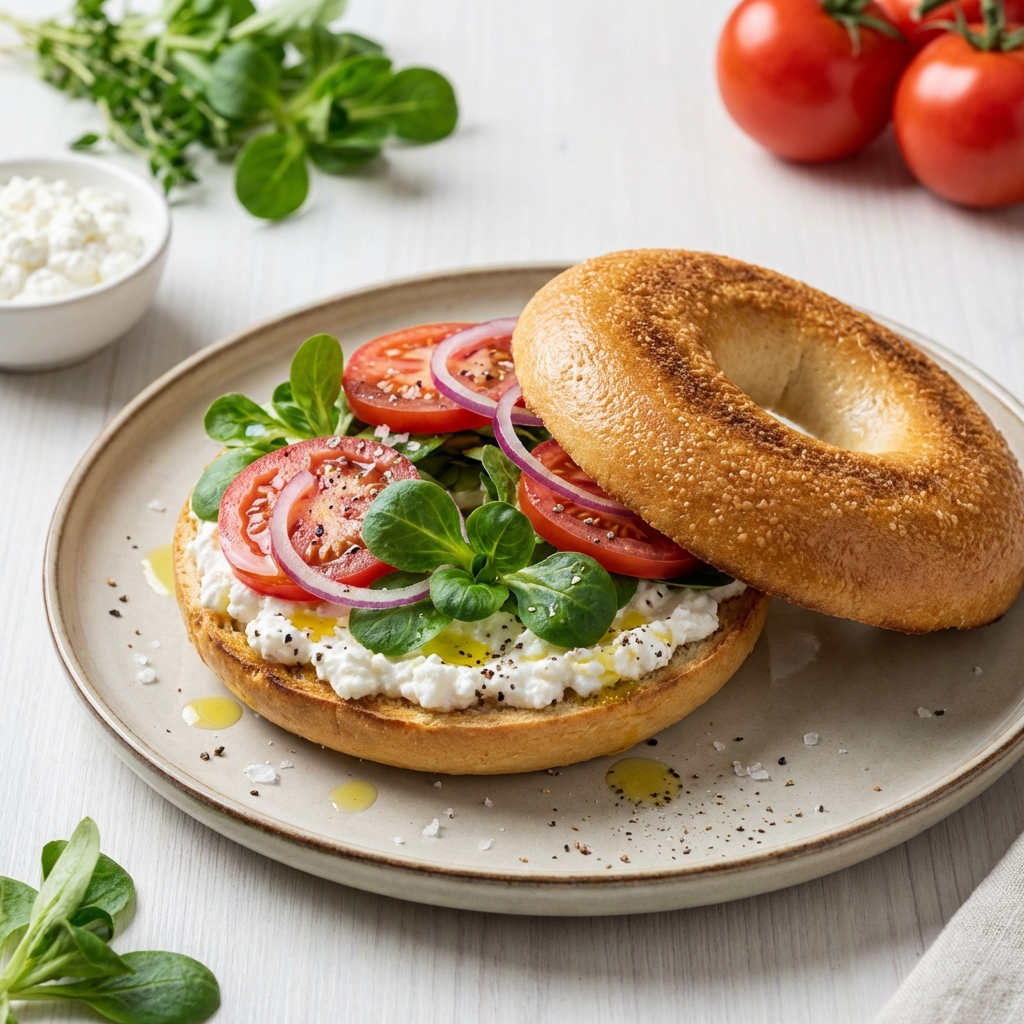 Bajgiel z Serkiem Wiejskim, Roszponką i Pomidorem