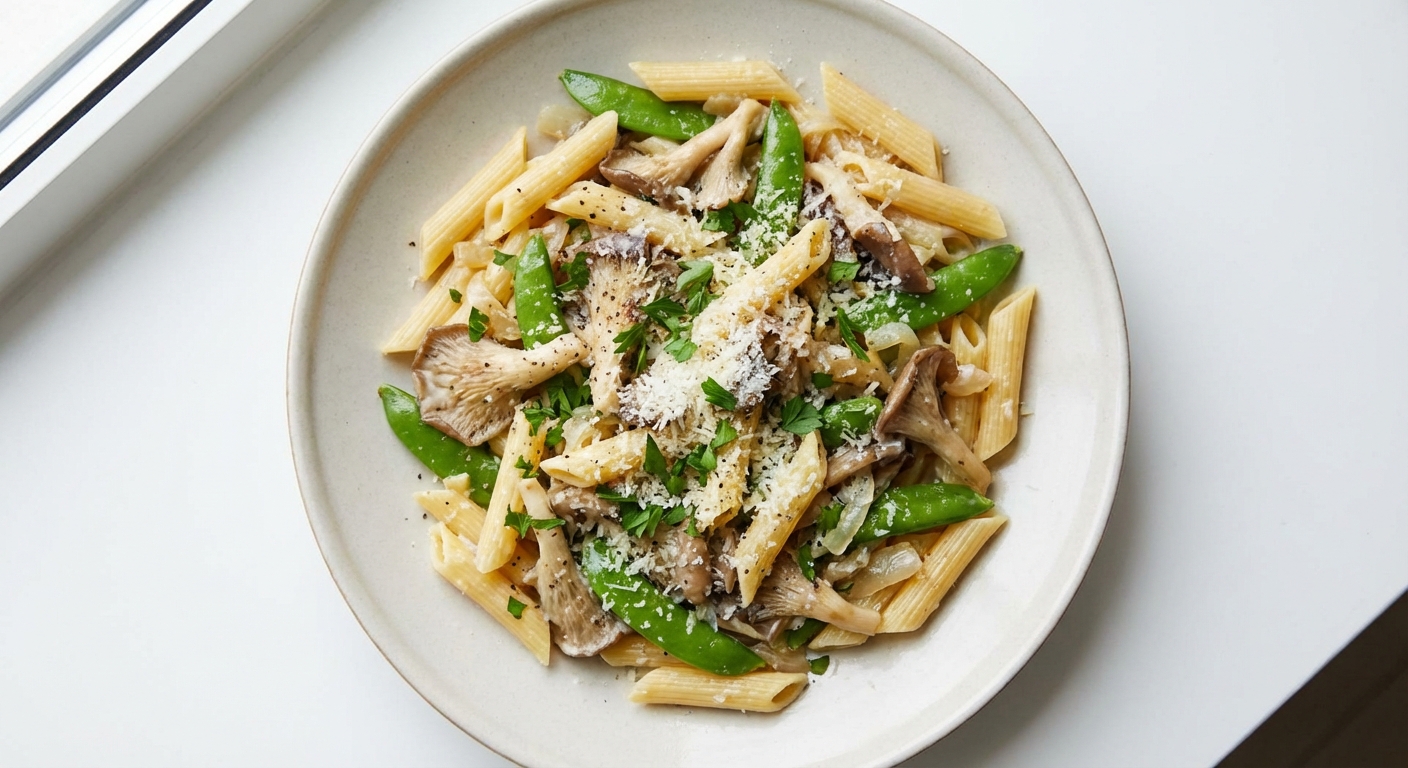 Penne z Boczniakami, Groszkiem i Parmezanem