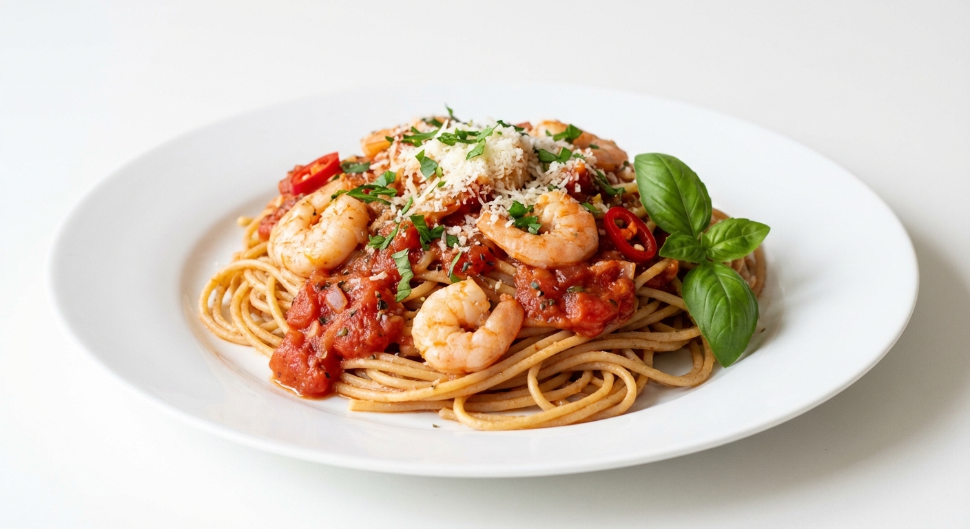 Spaghetti z krewetkami w sosie pomidorowym