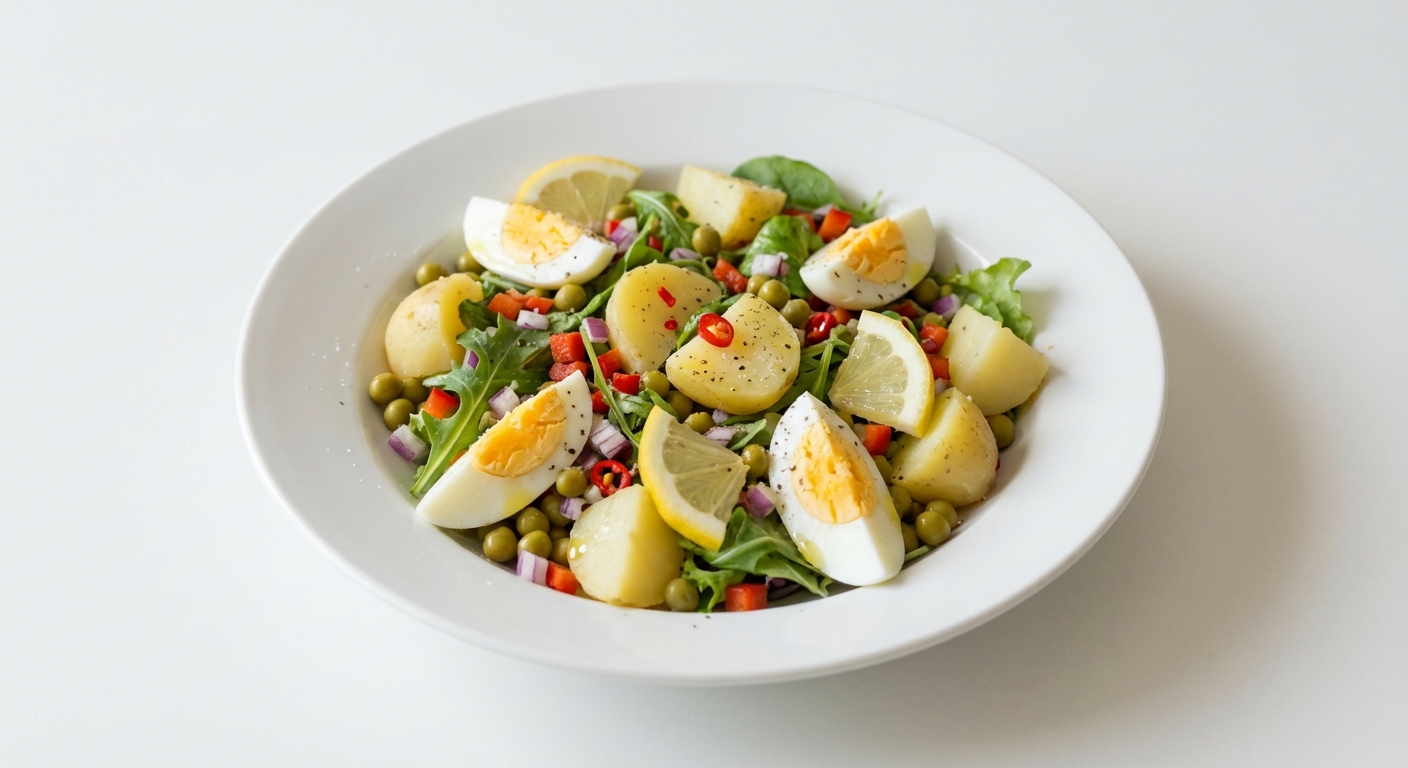 Ziemniaczana sałatka z groszkiem i jajkiem