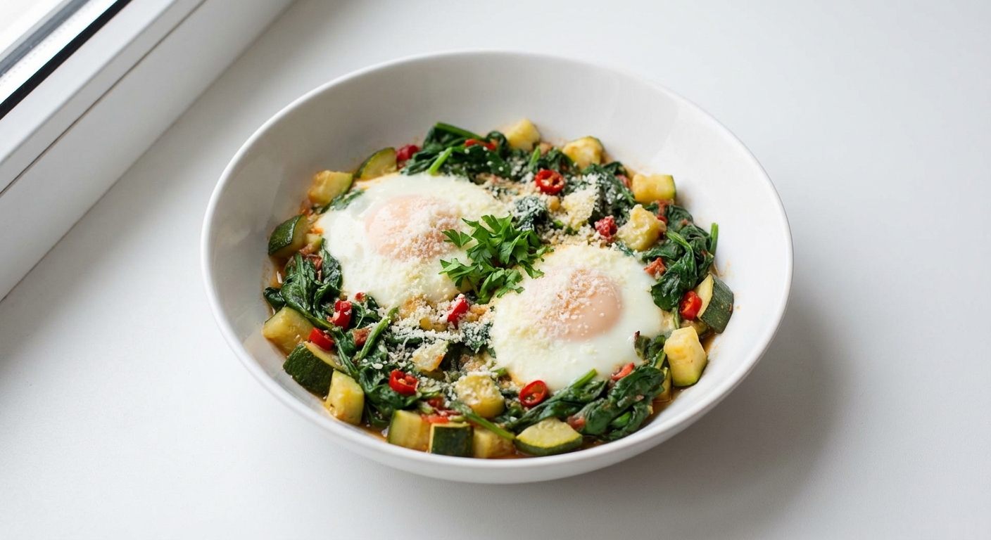 Szakszuka ze Szpinakiem, Cukinią i Parmezanem