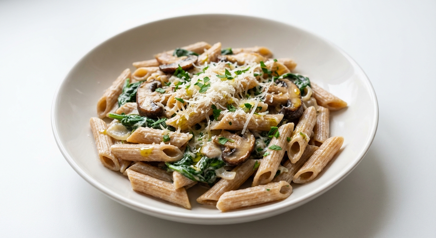 Penne z Grzybami, Szpinakiem i Parmezanem