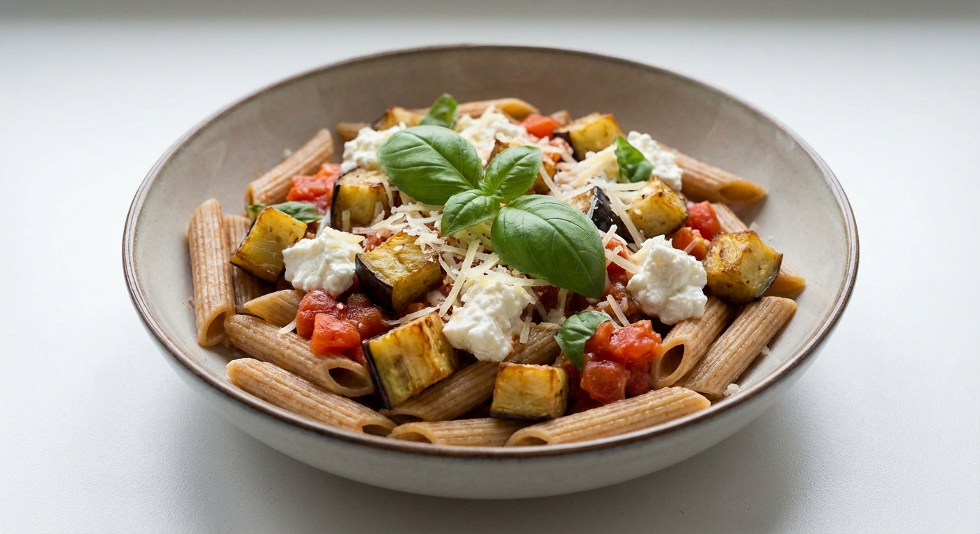 Penne z Bakłażanem, Twarogiem i Bazylią