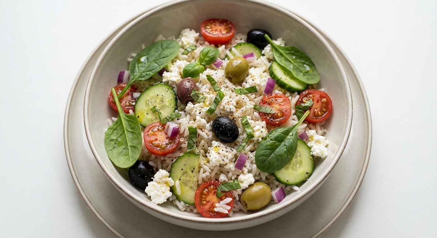 Sałatka z ryżu, twarogu i oliwek