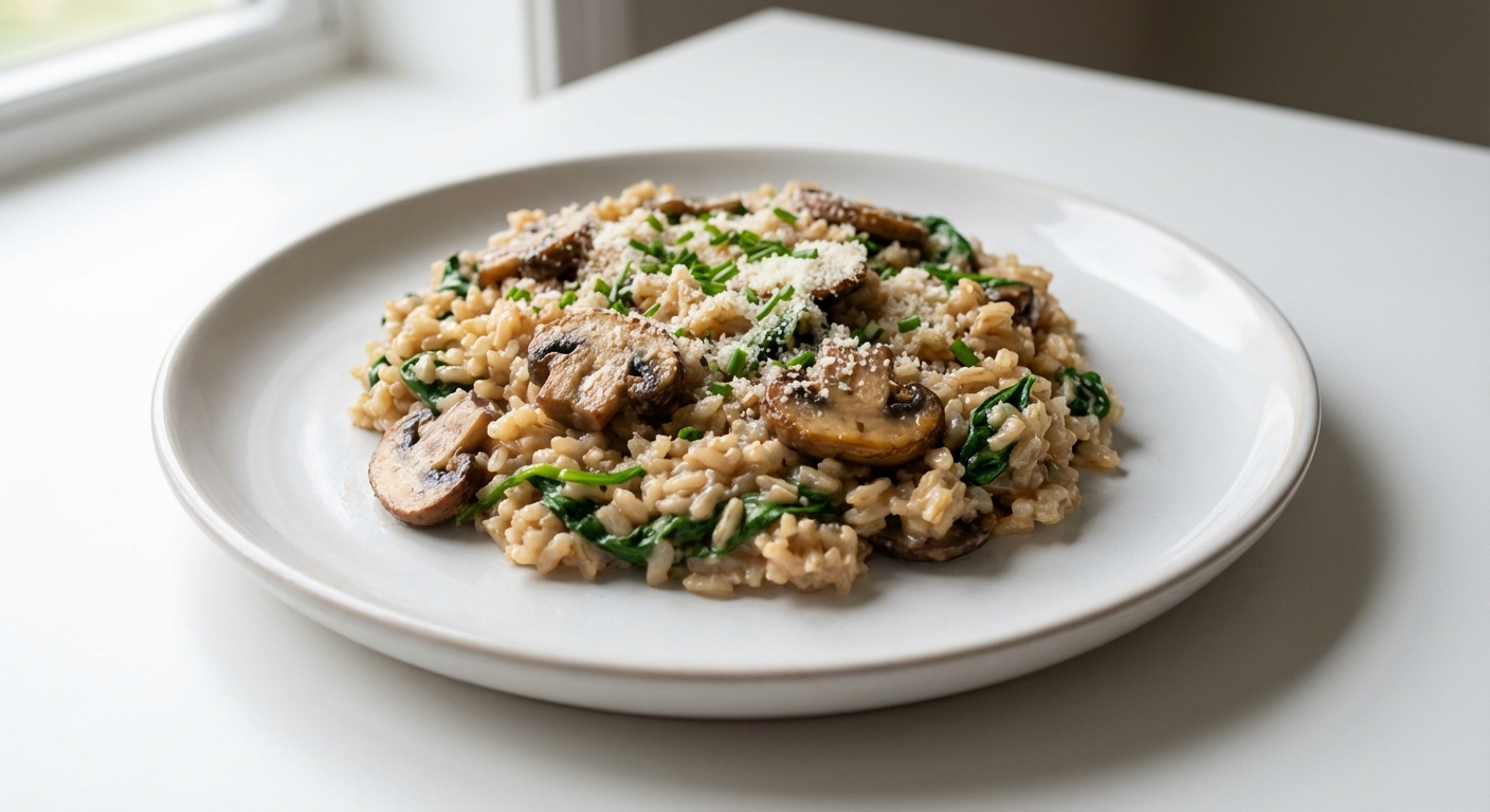 Risotto z Brązowego Ryżu, Pieczarek i Szpinaku