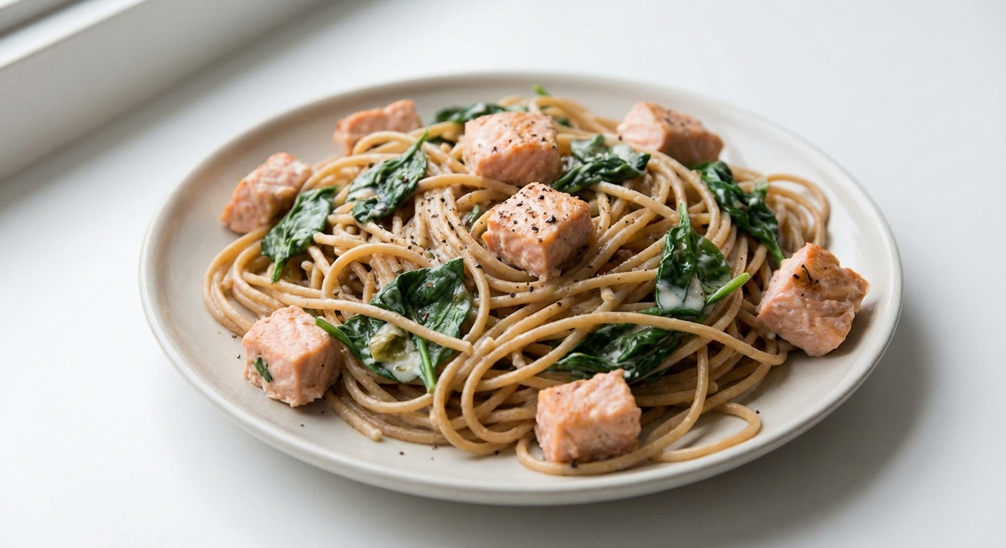 Spaghetti z łososiem, szpinakiem i kokosem