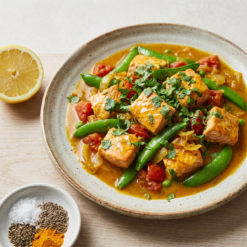 Łosoś w Curry z Groszkiem i Miodem