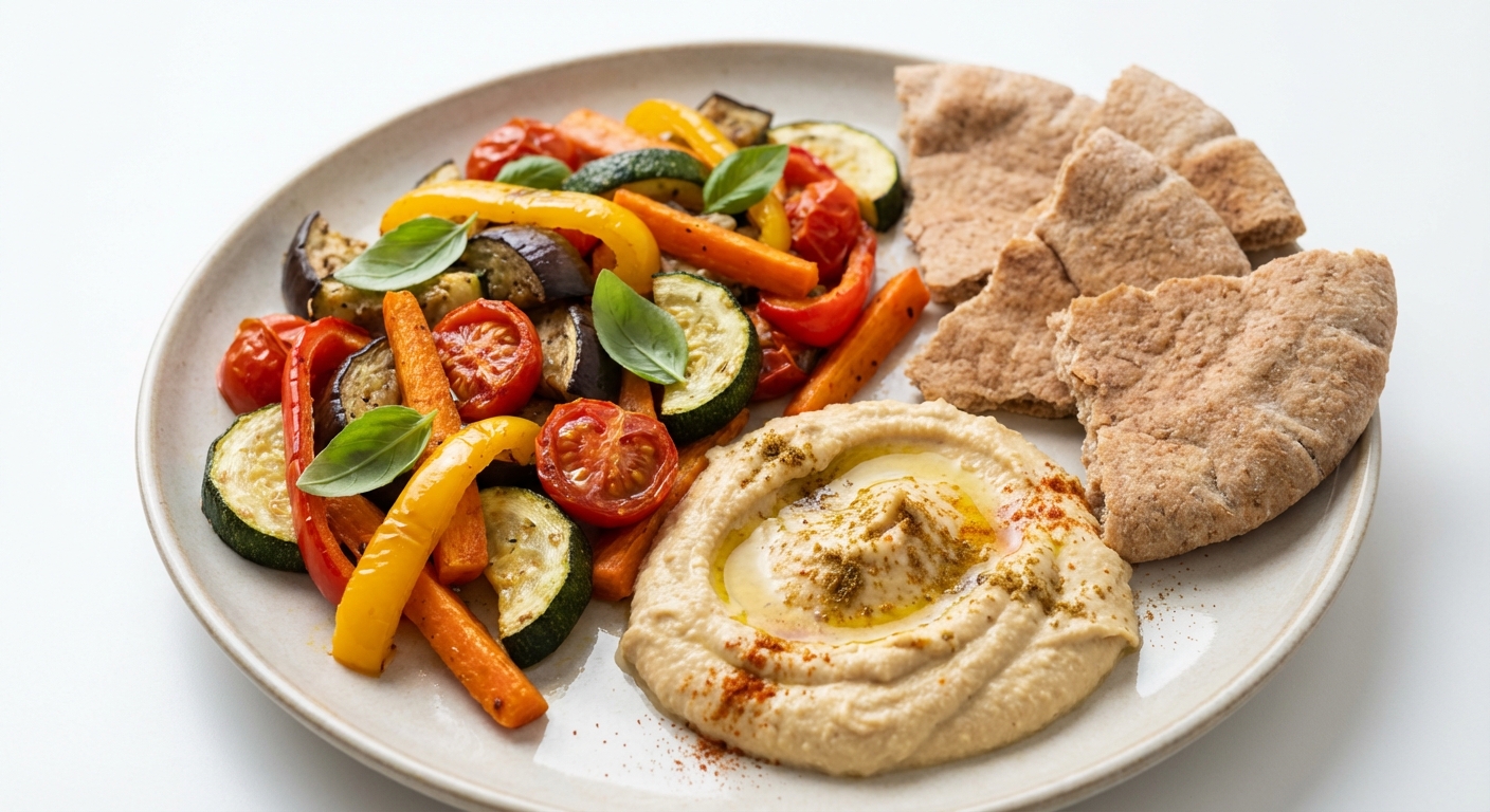 Pieczone warzywa z hummusem i pitą