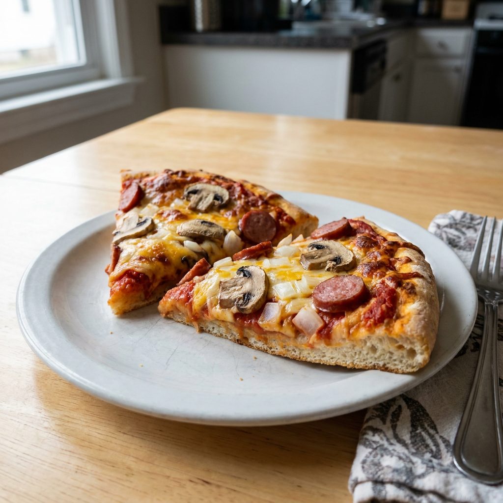 Pizza domowa z pieczarkami i kiełbasą