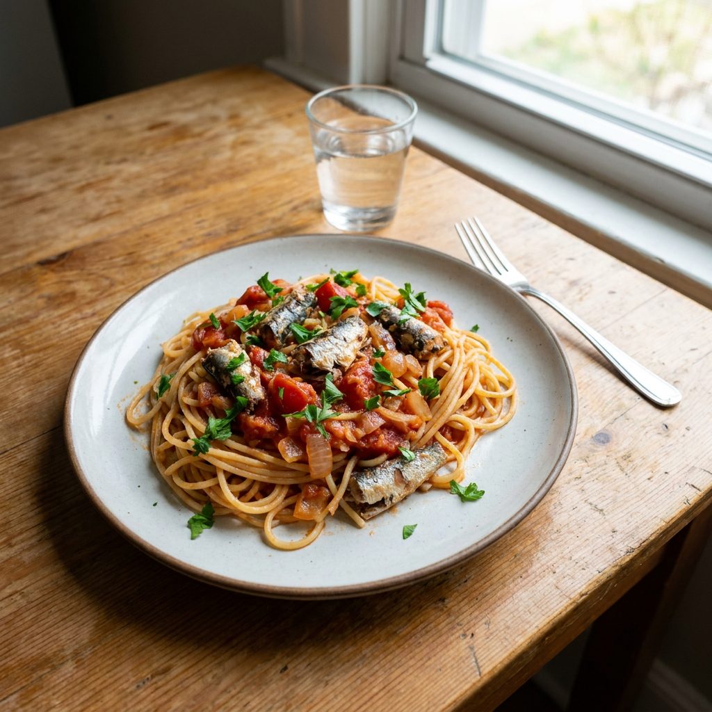 Spaghetti z sardynkami w sosie pomidorowym