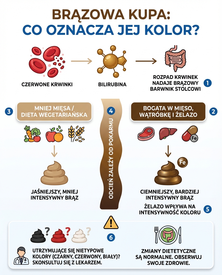 Brązowy kolor stolca - prawidłowy odcień zdrowej kupy zależy od diety