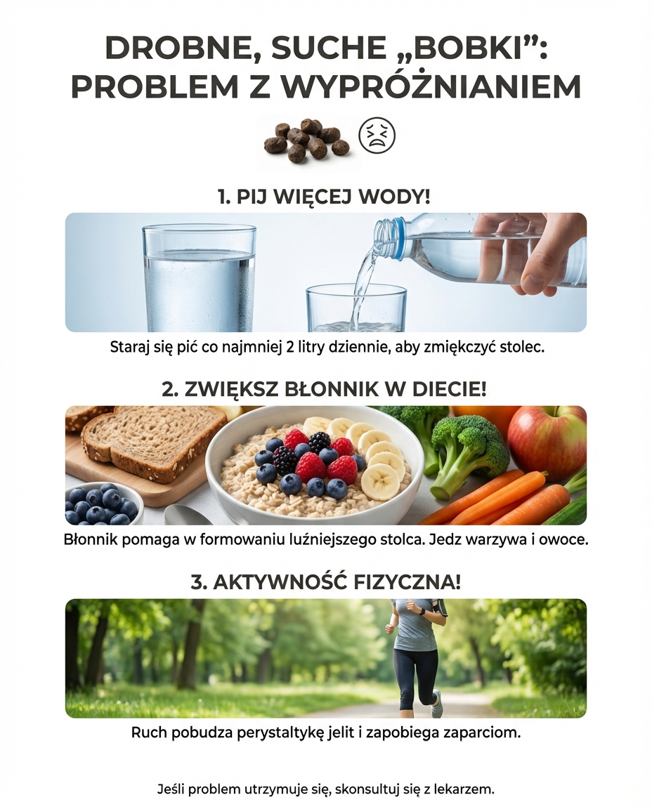 Drobne, suche „bobki”
Taka kupa jest ciężka do wydalenia, często wypróżnia...