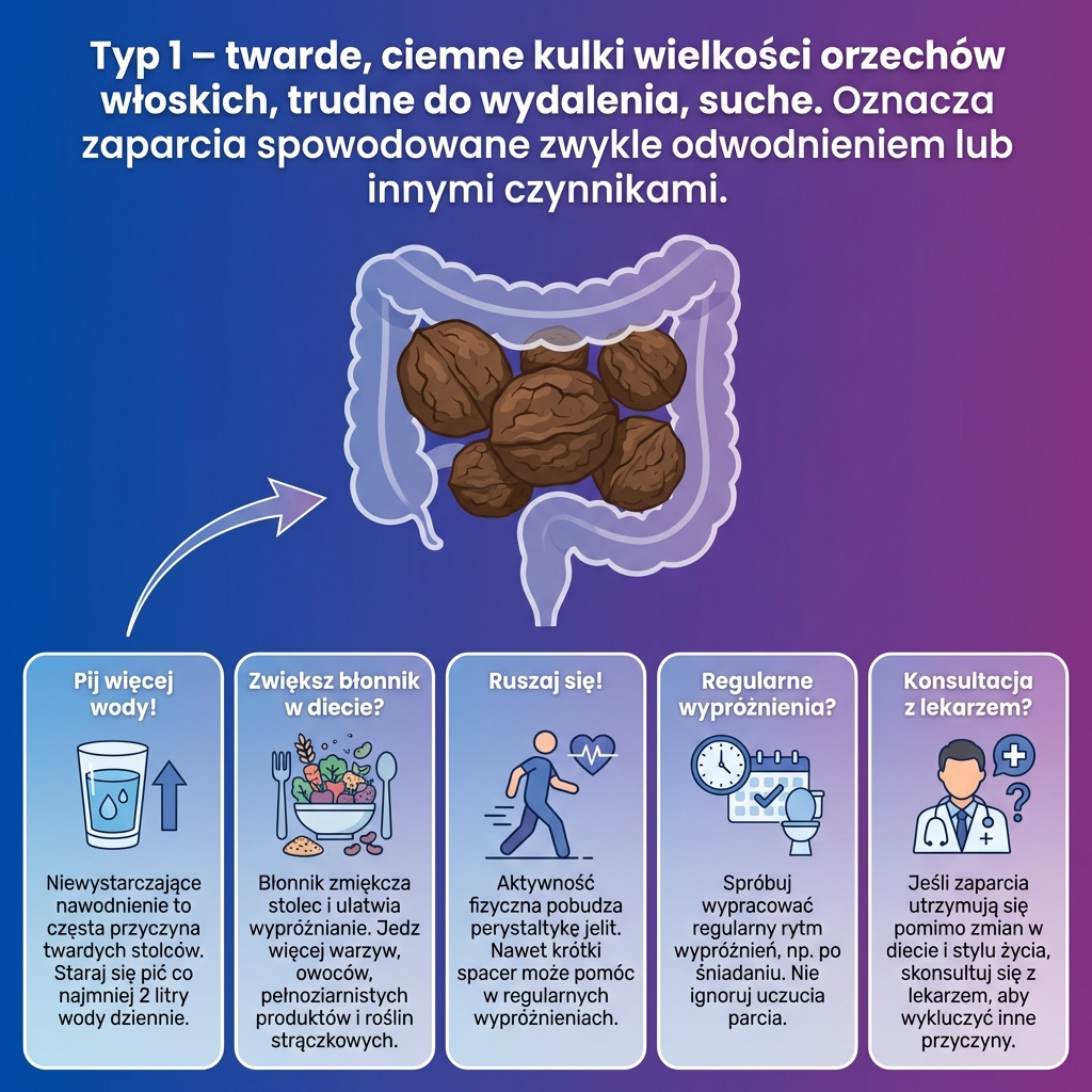Typ 1 – twarde, ciemne kulki wielkości orzechów włoskich, trudne do wydalenia...