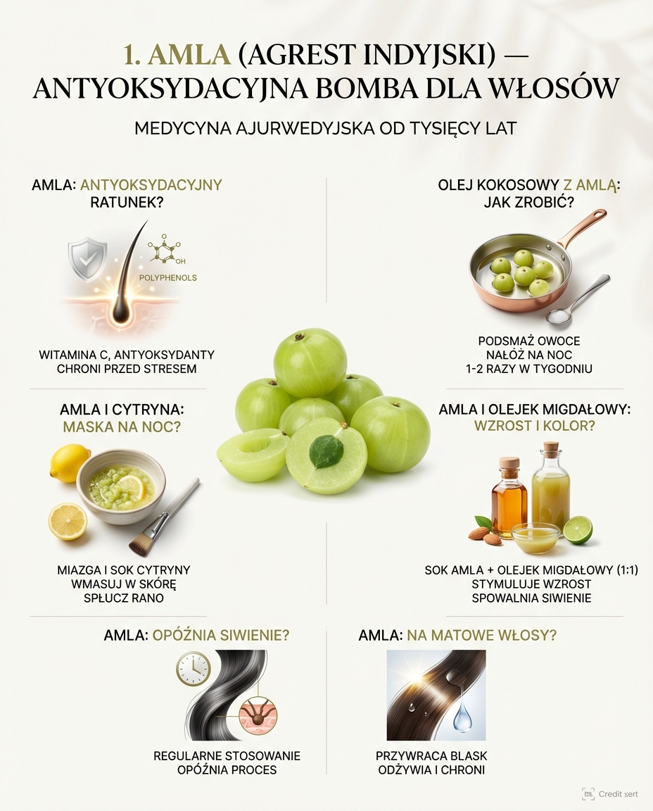 1. Amla, czyli agrest indyjski — antyoksydacyjna bomba dla włosów
Amla to owo...
