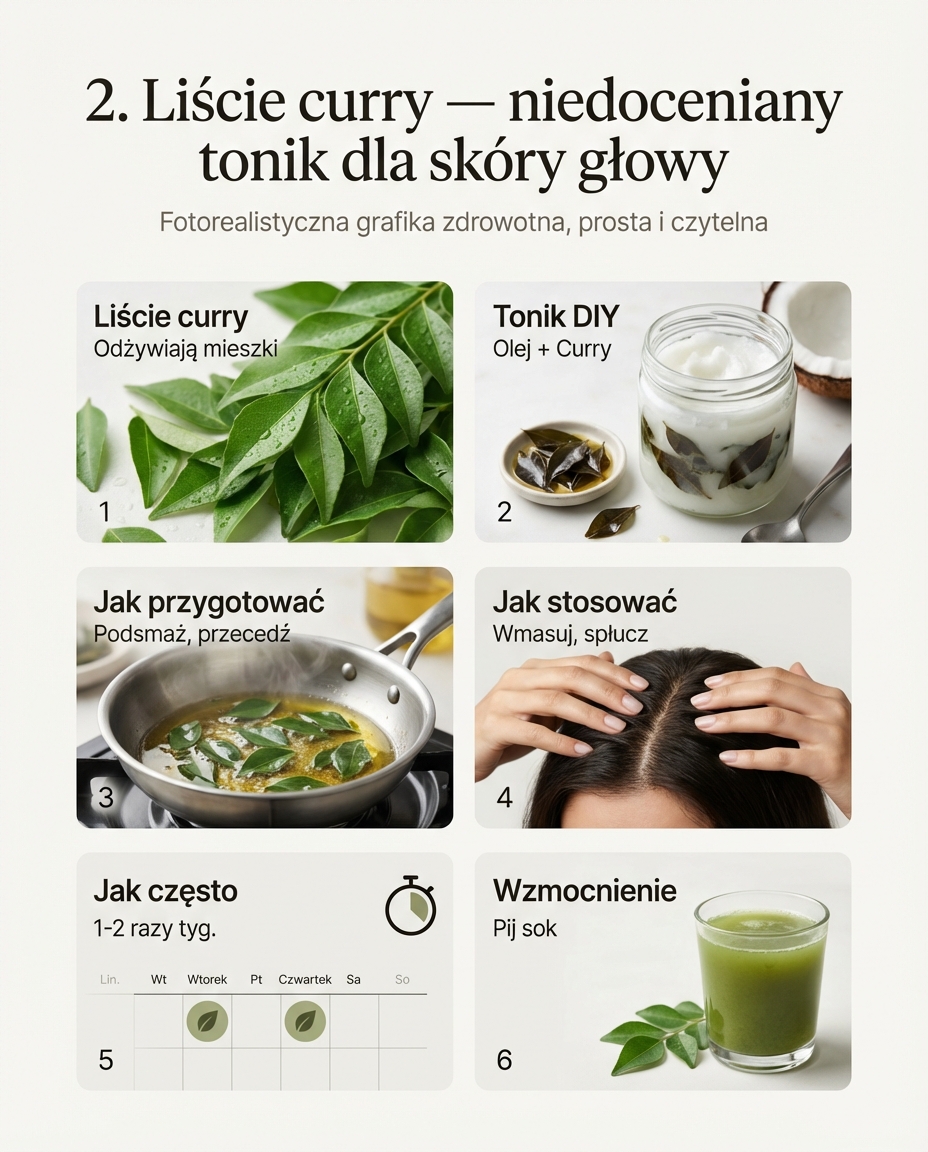 2. Liście curry — niedoceniany tonik dla skóry głowy
Liście curry to nie tylk...