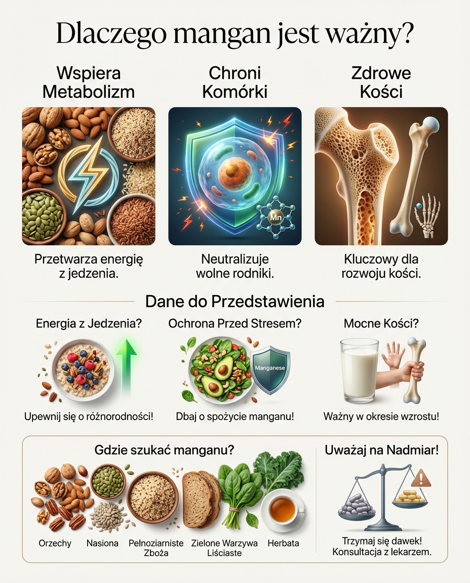Dlaczego mangan jest ważny?
Mangan pełni w organizmie wiele istotnych funkcji...