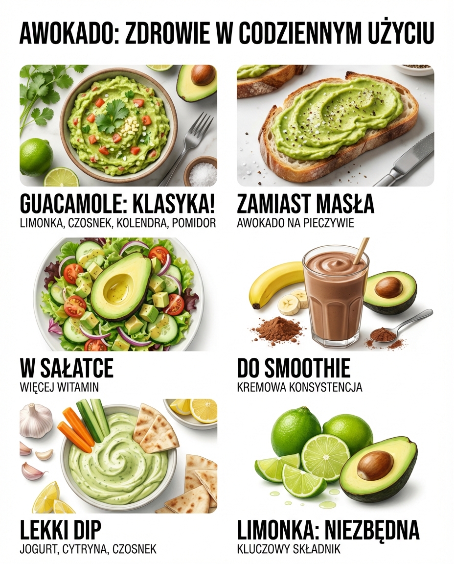 Guacamole: rozgnieć miąższ widelcem, dodaj sok z limonki, sól, czosnek, kolen...