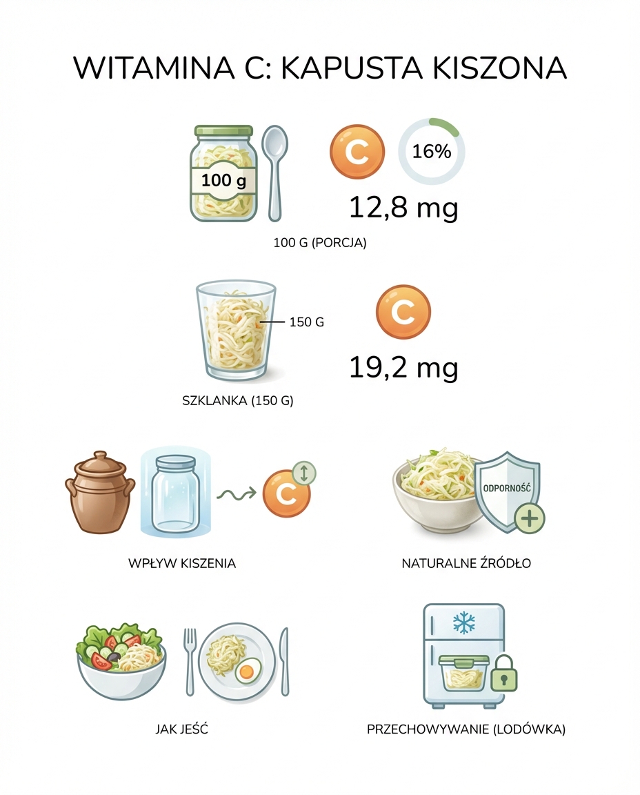 Ile witaminy C ma kapusta kiszona?
W 100 g kapusty kiszonej znajduje się 12,8...