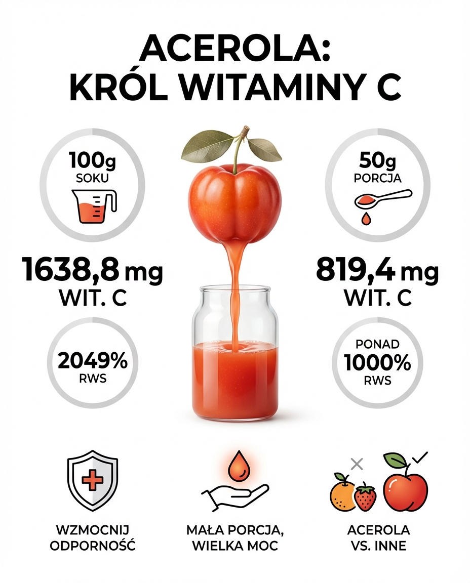 Ile witaminy C ma sok z aceroli?
W 100 g soku z aceroli znajdziemy aż 1638,8 ...