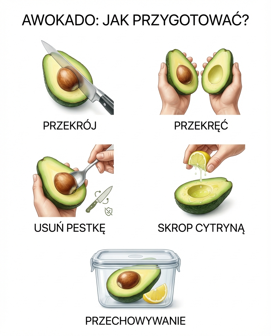 Jak przygotować awokado?
Przekrój awokado wzdłuż wokół pestki. Chwyć obie poł...