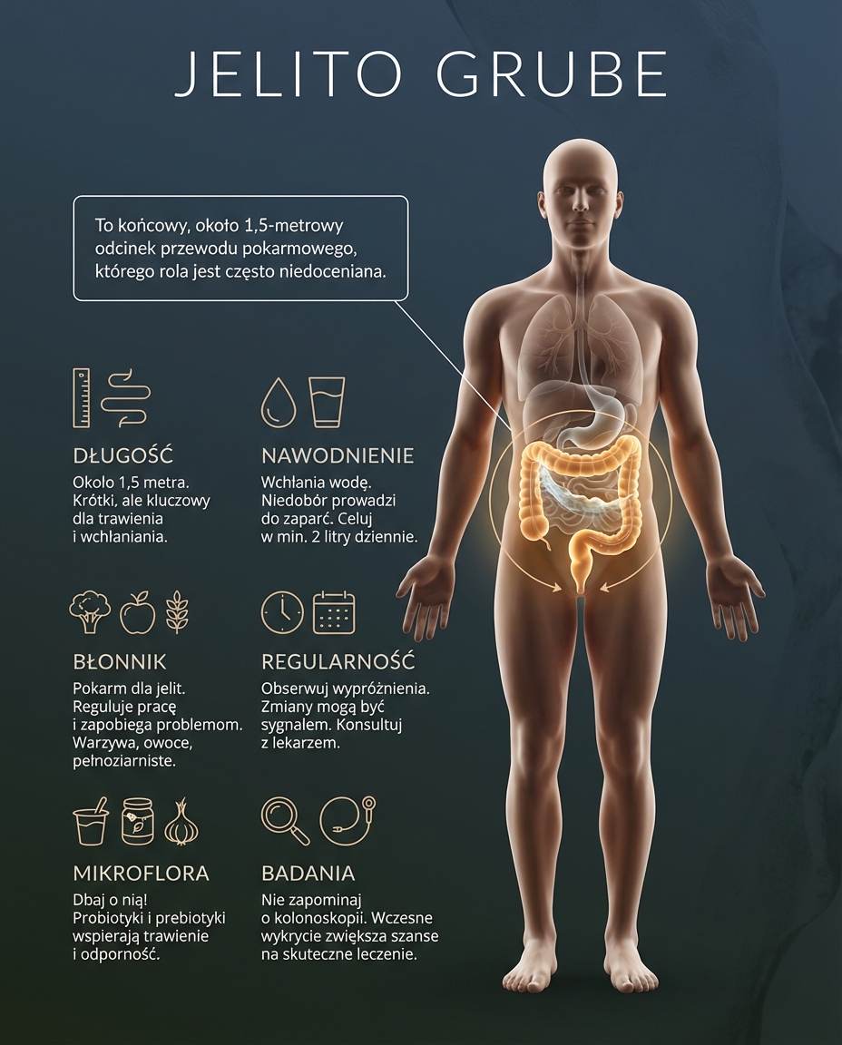 Jelito grube to końcowy, około 1,5-metrowy odcinek przewodu pokarmowego, kt&oacute;r...
