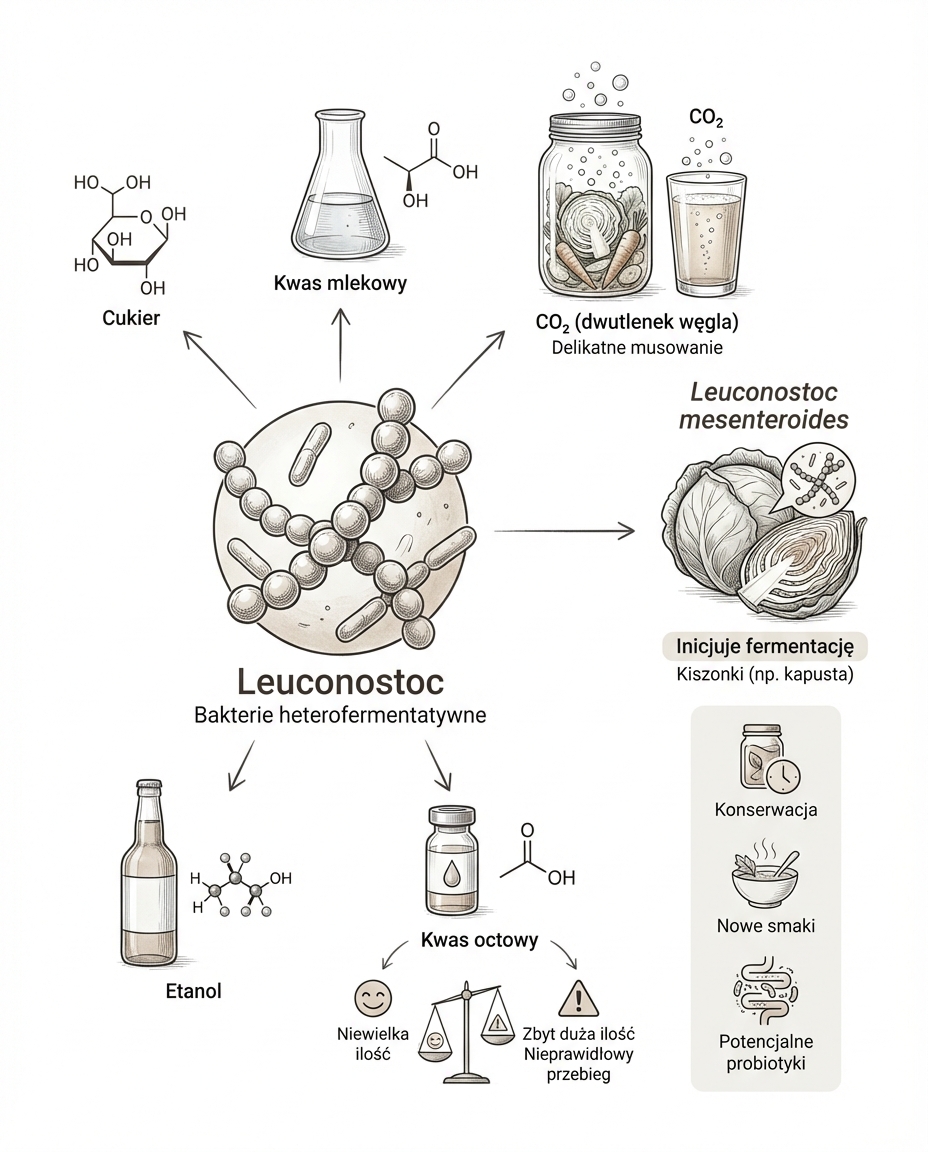 Leuconostoc to bakterie heterofermentatywne. Oznacza to, że oprócz kwasu mlek...