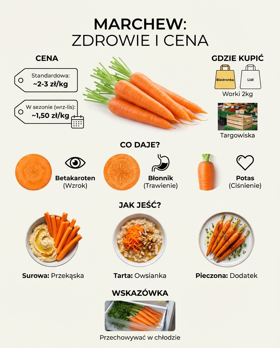 Marchew (~2-3 zł/kg)
Betakaroten, błonnik, potas. Surowa do przekąsek, tarta ...