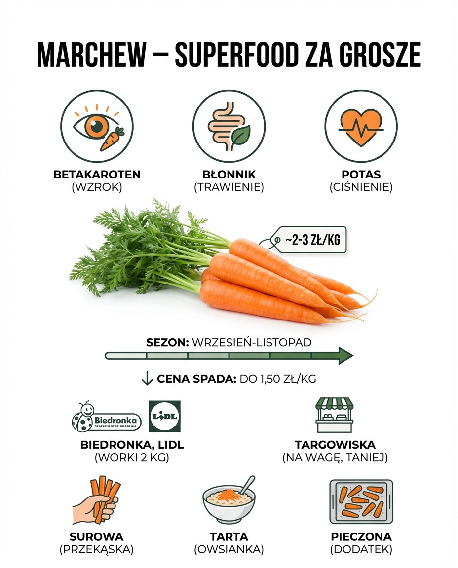 Marchew (~2-3 zł/kg)
Betakaroten, błonnik, potas. Surowa do przekąsek, tarta ...