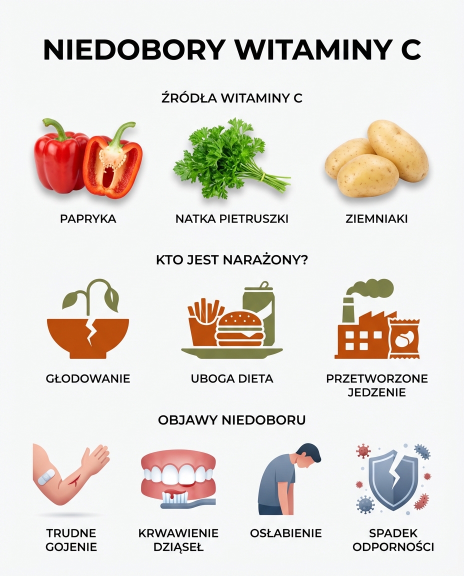 Niedobory witaminy C
Niedobory w diecie występują niezwykle rzadko. Wynika to...