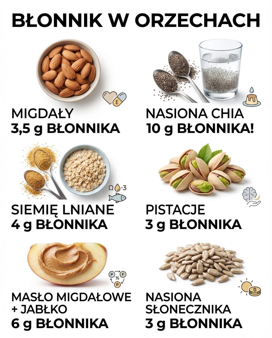 Orzechy, nasiona i masła orzechowe bogate w błonnik 

Migdały (garść, ok. 30 ...