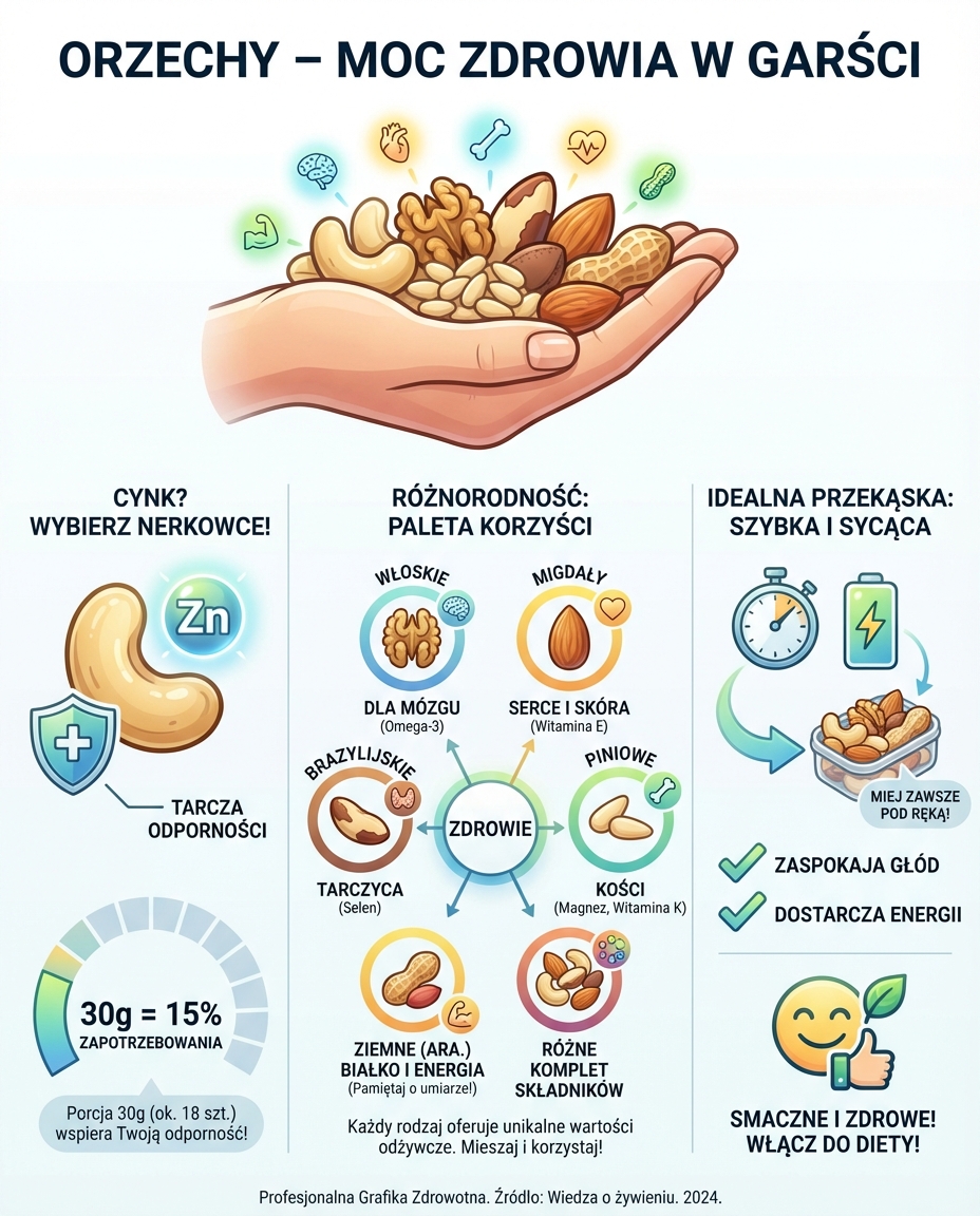 Orzechy
Najwięcej cynku mają orzechy nerkowca – w około 30 gramach orzechów m...