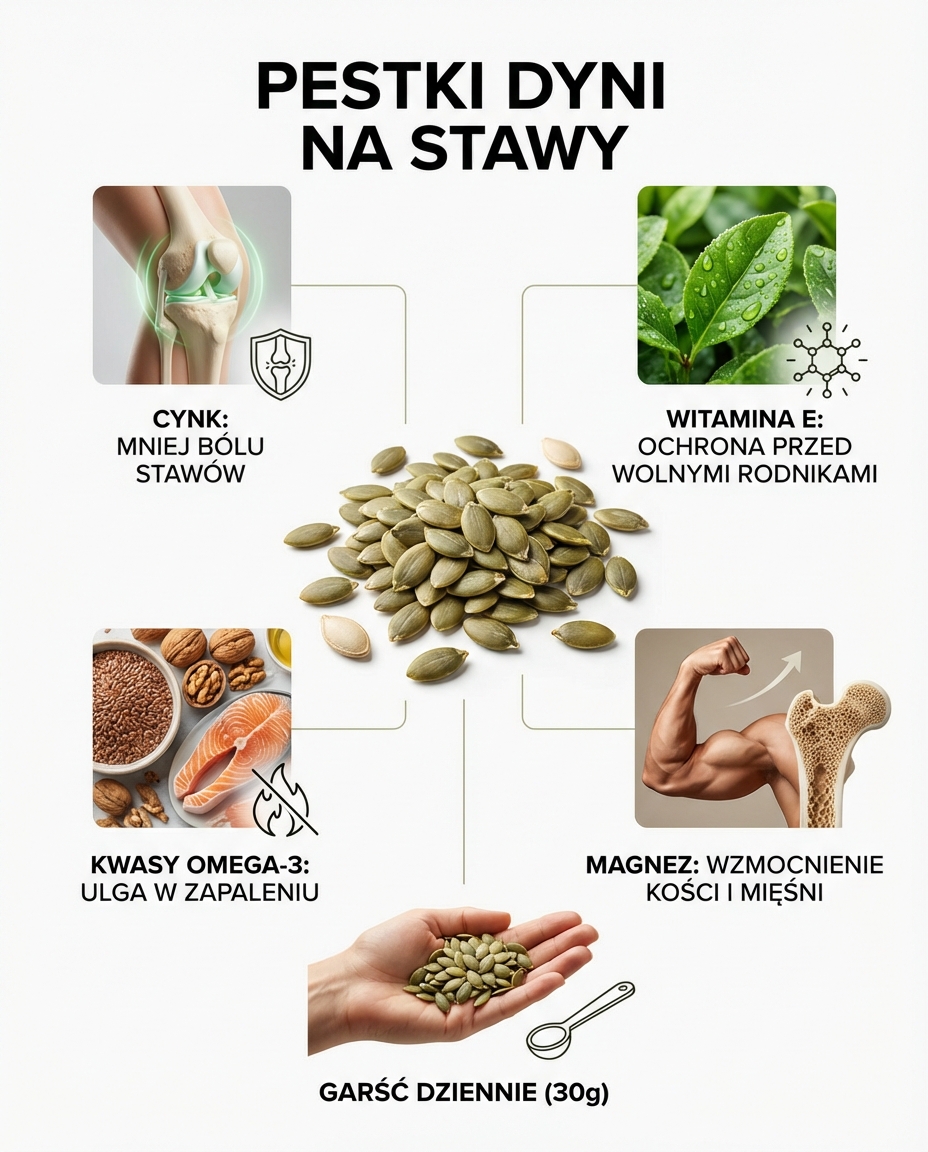 Pestki dyni działają na stawy wielokierunkowo:

Cynk - redukuje bóle zwyrodni...