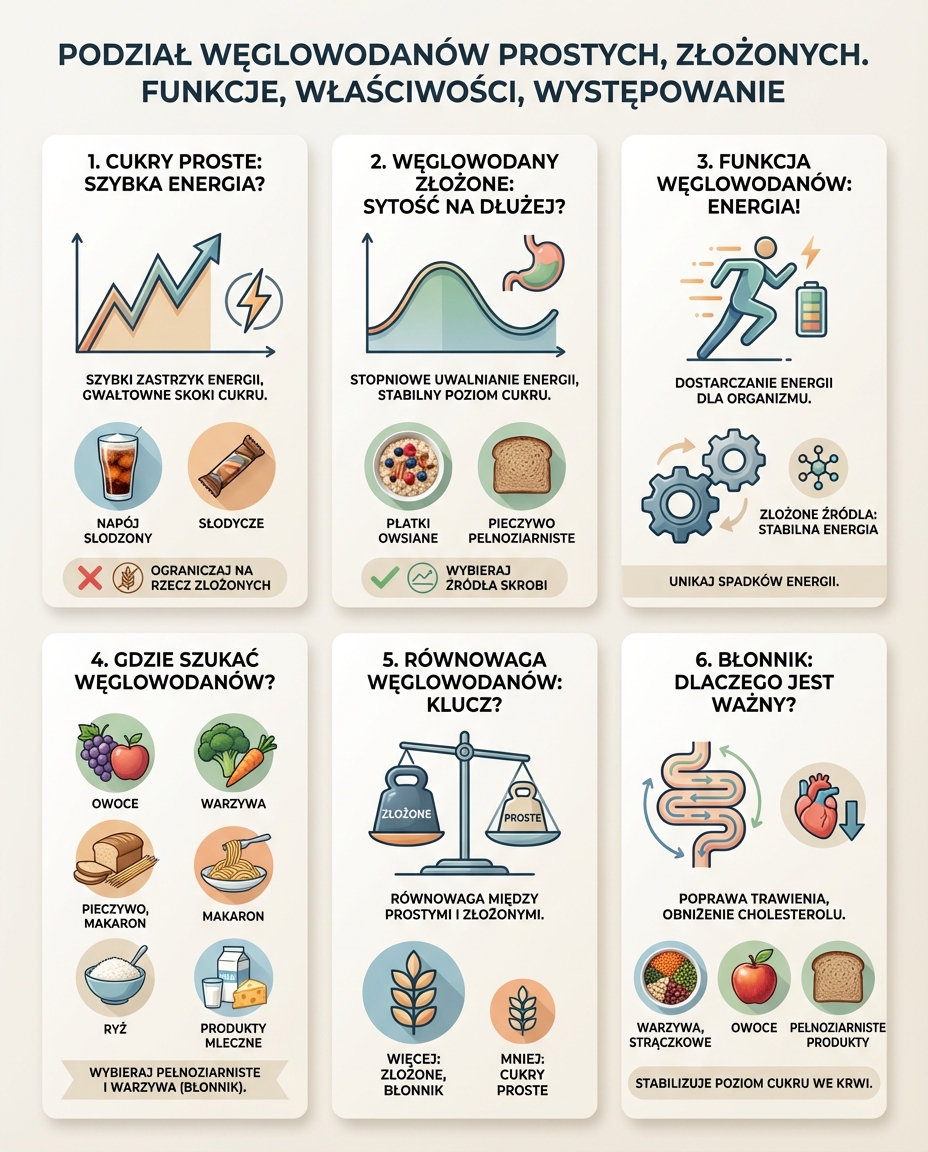 Podział węglowodanów prostych, złożonych. Funkcje, właściwości, występowanie