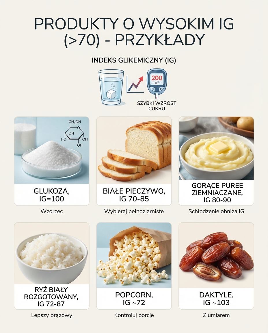 Produkty o wysokim IG (>70) - przykłady
Glukoza - IG = 100
Białe pieczywo - I...