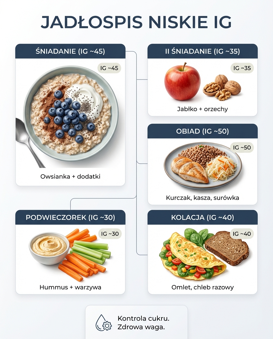 Przykładowy jadłospis na diecie o niskim IG - 1 dzień
Śniadanie (IG ~45):
Pła...