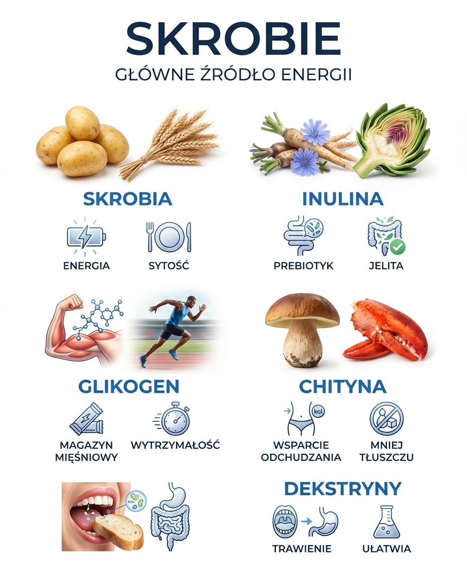 Skrobie
To główne źródło energii dla człowieka.
Skrobia: Daje uczucie sytośc...