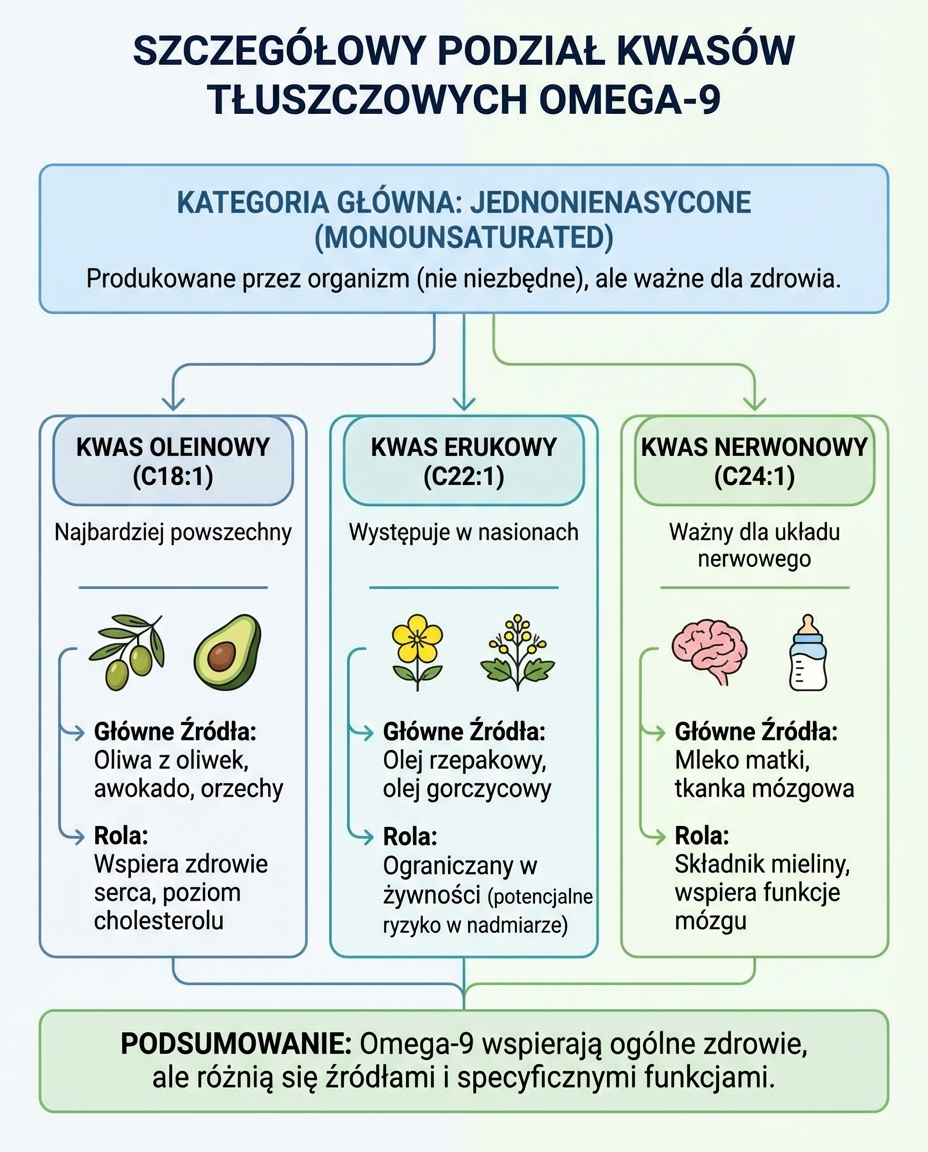 Szczegółowy podział kwasów tłuszczowych omega-9