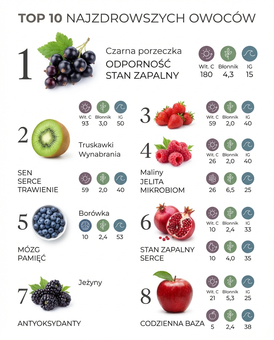 Top 10 najzdrowszych owoców - ranking
Owoc	Wit. C (mg/100g)	Błonnik (g/100g)	...