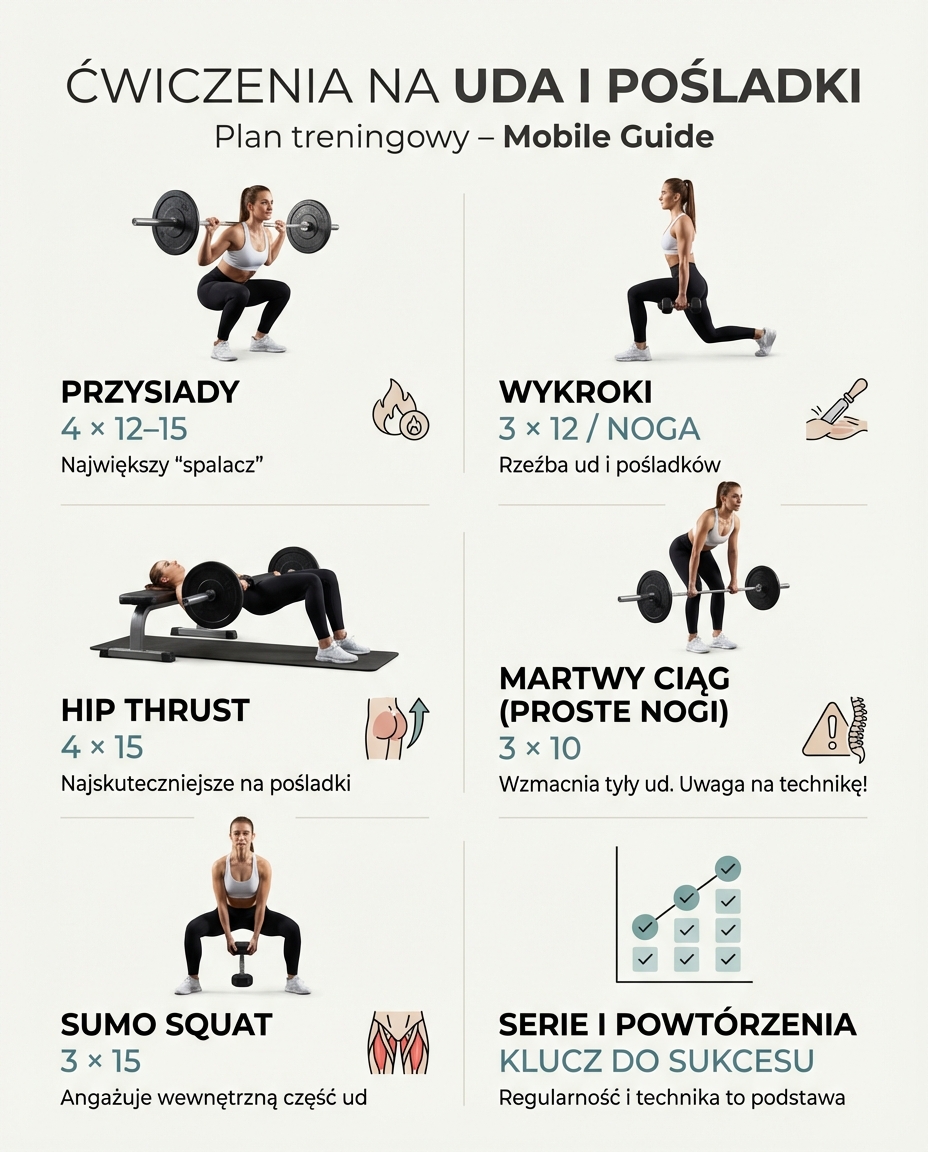 Ćwiczenia na uda i pośladki
Przysiady (squats) - 4 × 12–15, największy „spala...