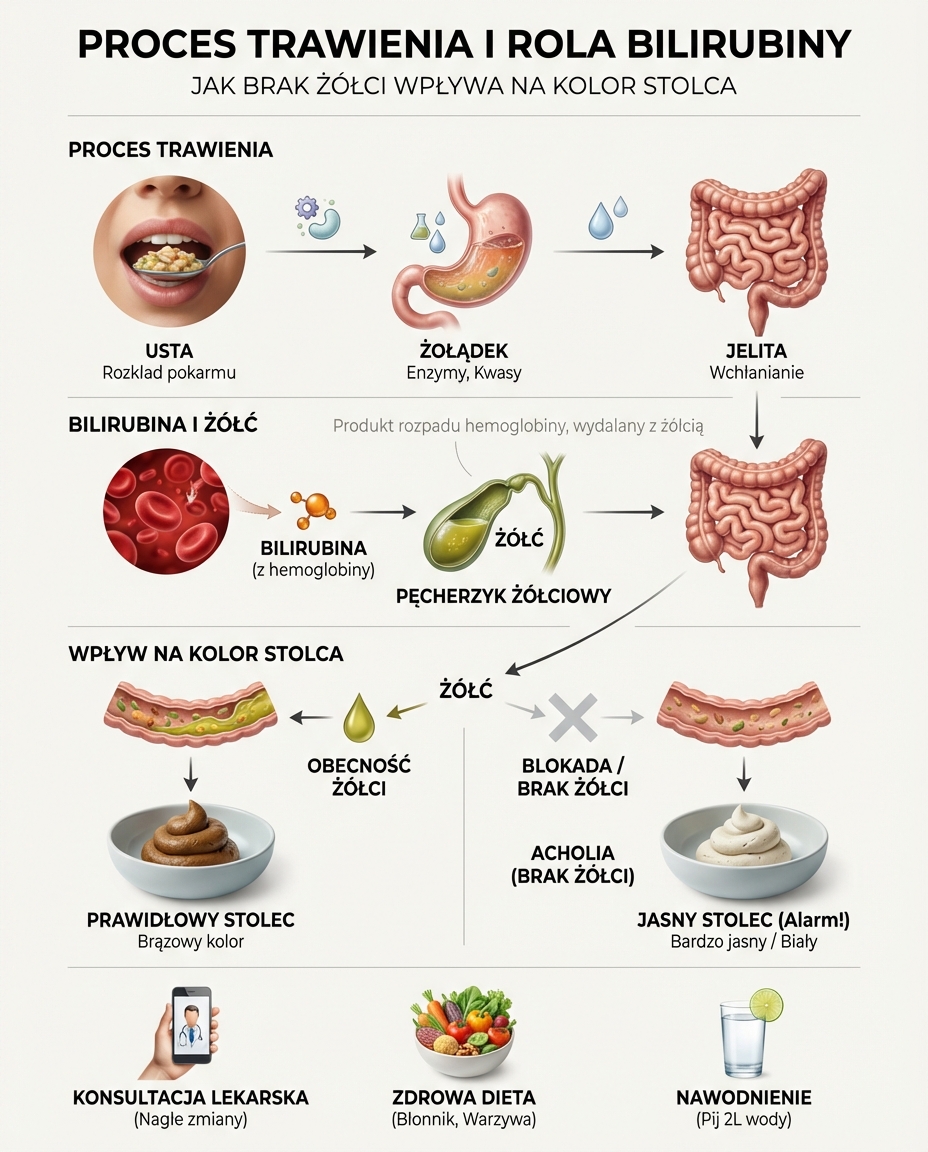 wyjaśniająca proces trawienia i rolę bilirubiny w barwieniu stolca, z wizuali...
