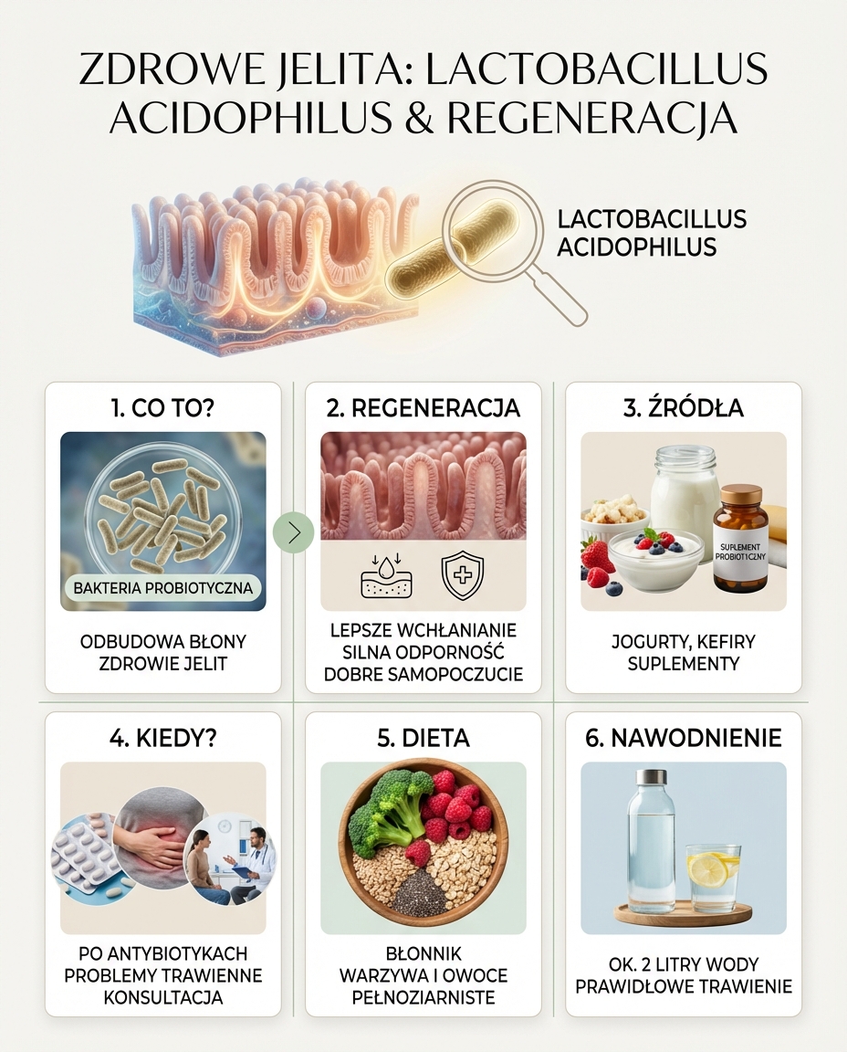 Zdrowe jelita
Lactobacillus acidophilus wspomaga regenerację błony śluzowej j...