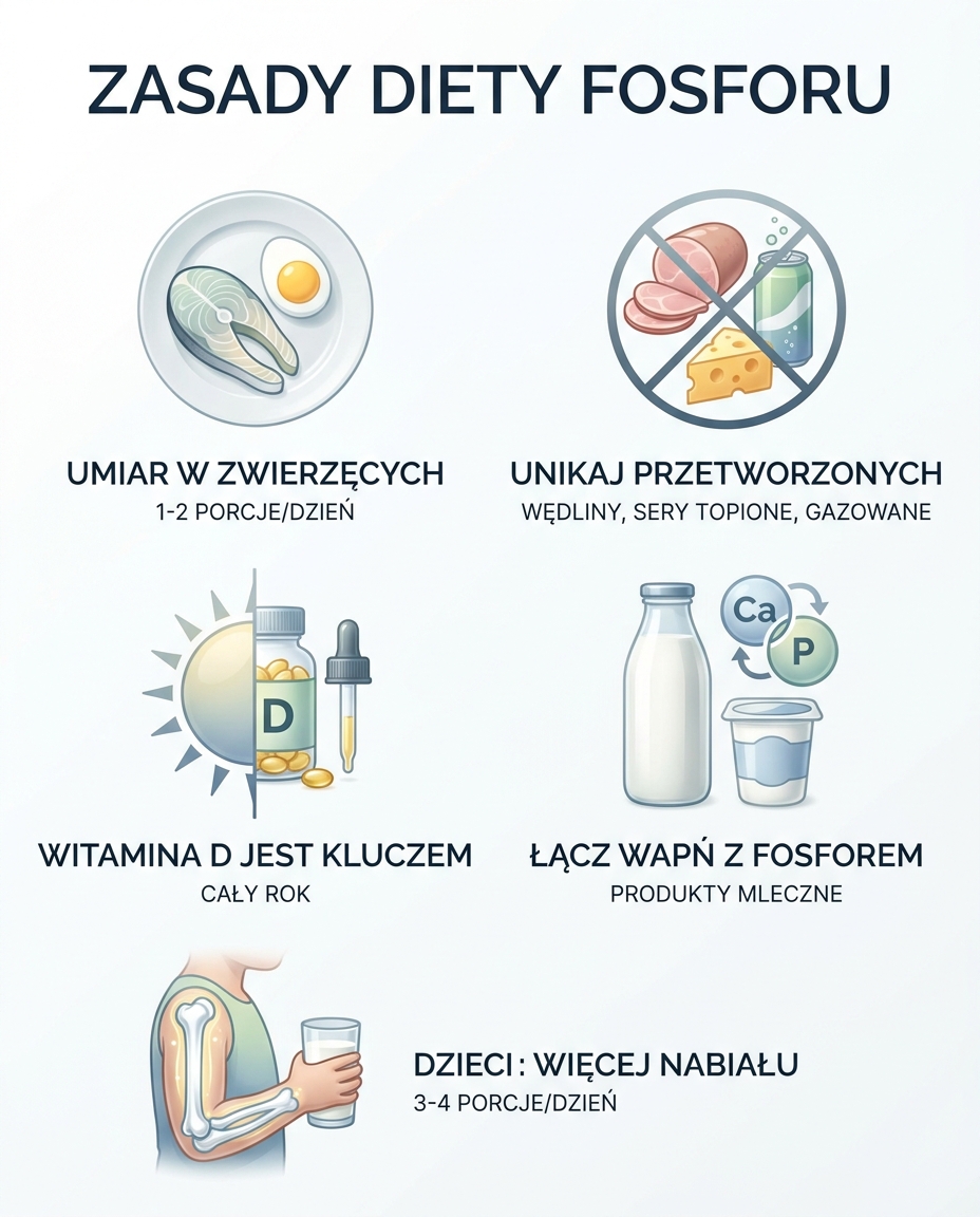 Praktyczne zasady diety dla prawidłowego poziomu fosforu:
Jedz produkty zwier...
